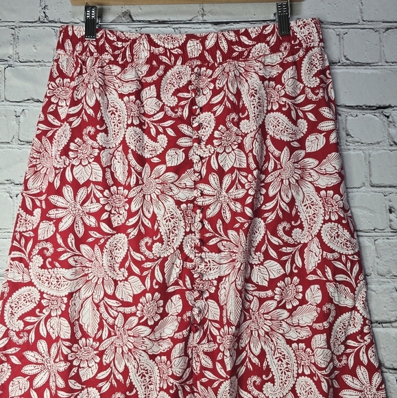 Loft Paisley Button Pull On Midi Skirt Front Silt Tango Red Cotton Blend Size M - Picture 4 of 13